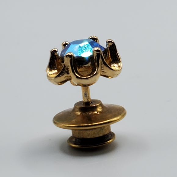 Vintage AB aurora borealis tie pin brooch tac collar blue gold small 50's 60's - Picture 6 of 7